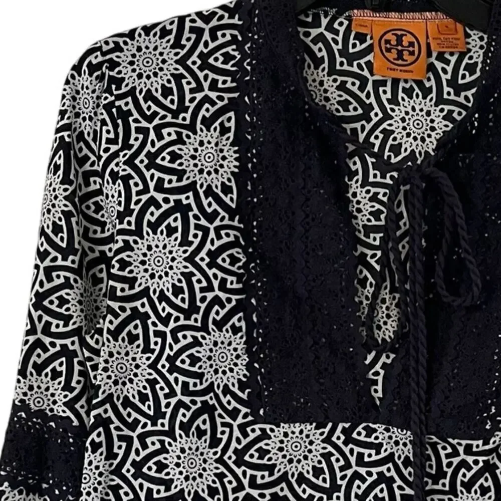 Tory Burch Boho Floral Lace Trim Top Long Sleeve Blouse Size 6